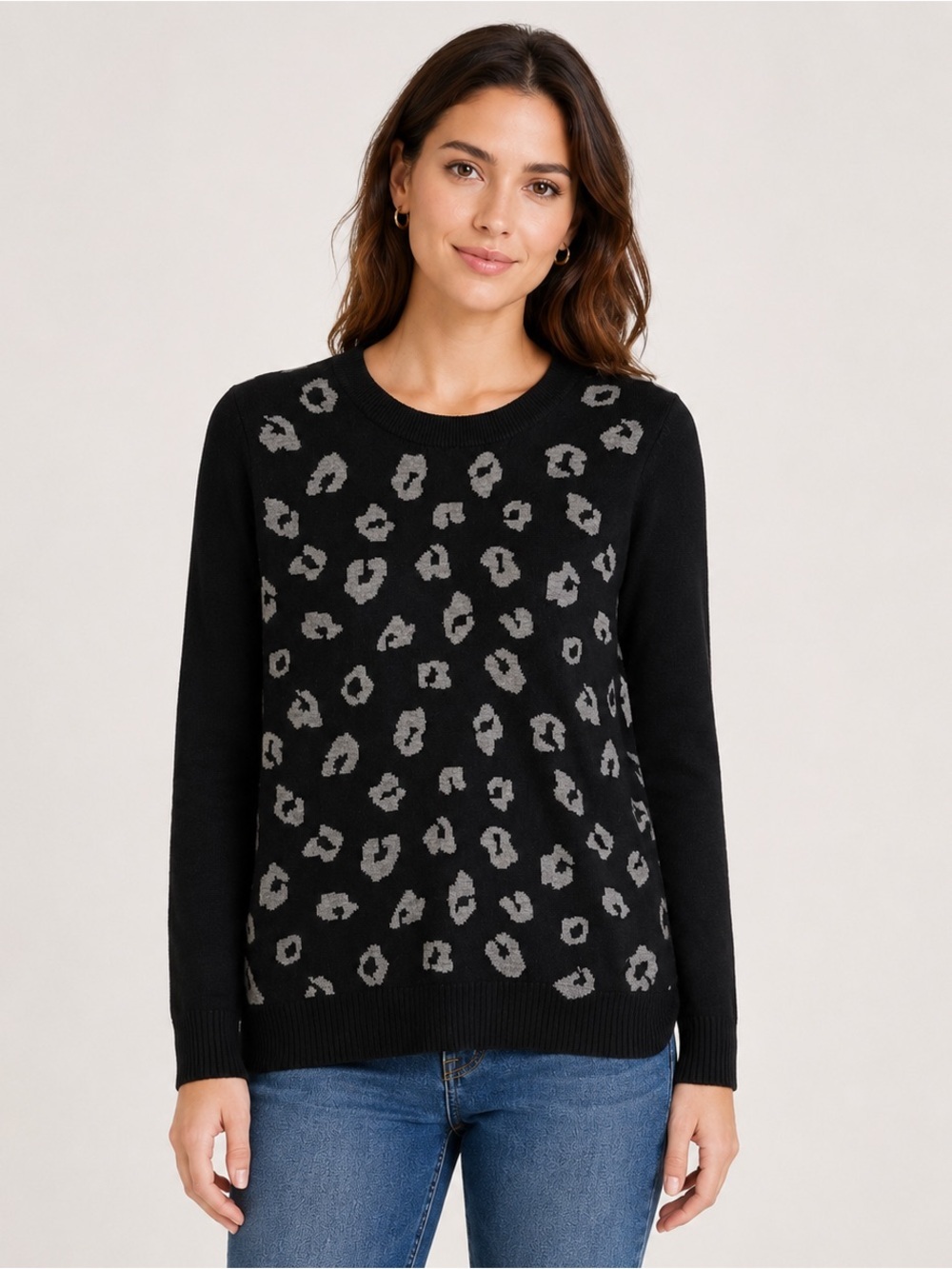 Garnet Hill 100% Wool Knit Leopard Crewneck Sweater Black Gray Womens Medium EUC